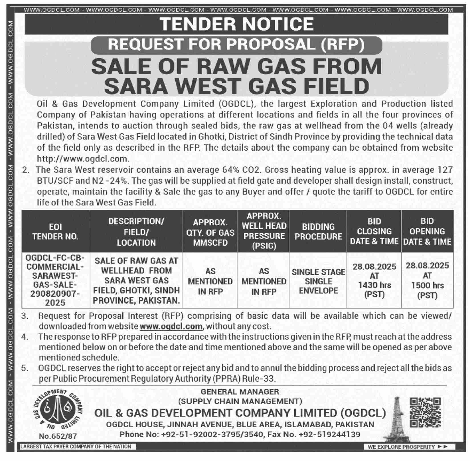 Oil & Gas Development Company Limited Islamabad Tender Notice